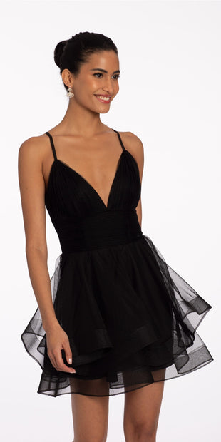 Deep V X Back Mesh Tiered Fit and Flare Dress