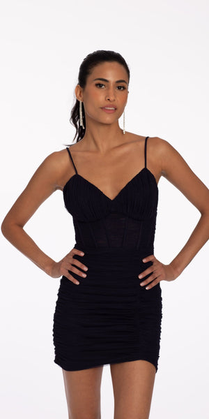 Mesh Ruched Corset Dress with Adjustable Shoulder Straps Image 1
