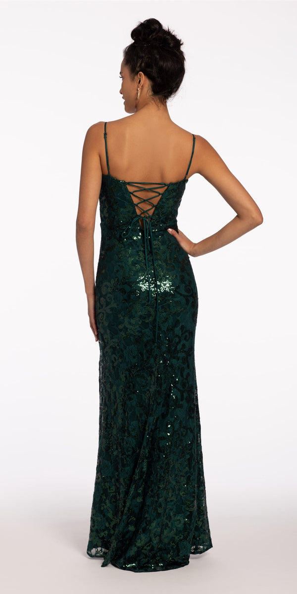 hunter-green/size/4/missy/Camille La vie/Sweetheart Sequin Floral Lace Corset Column Dress/back