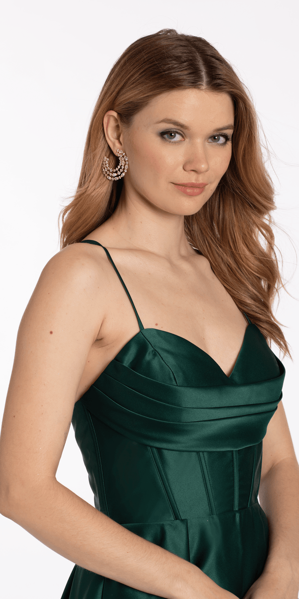 Drape Neck Satin Fit and Flare Dress with Pockets Image 2