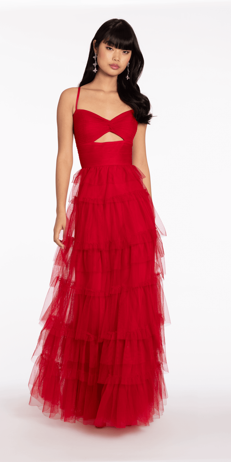 Blondie Nites Women's Cutout Sleeveless Tulle Tiered Gown, Red, 11