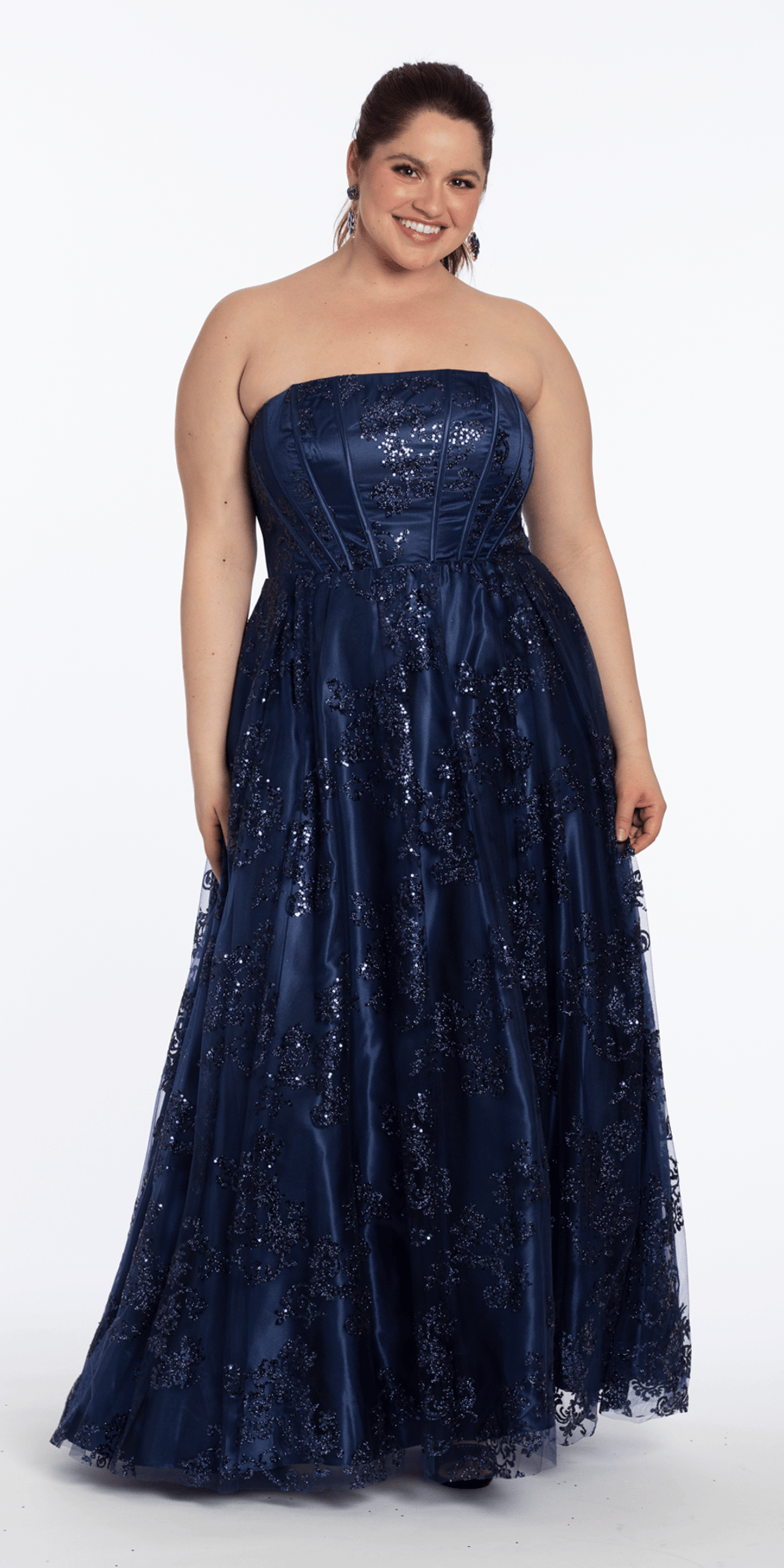 Camille La Vie Strapless Glitter Mesh Corset Ballgown