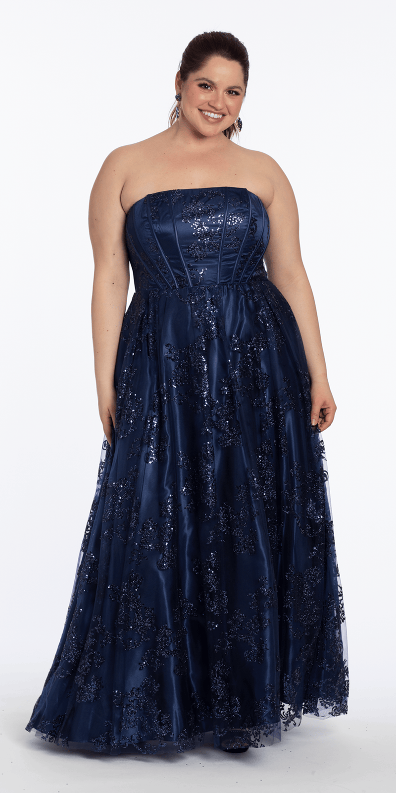Camille La Vie Strapless Glitter Mesh Corset Ballgown