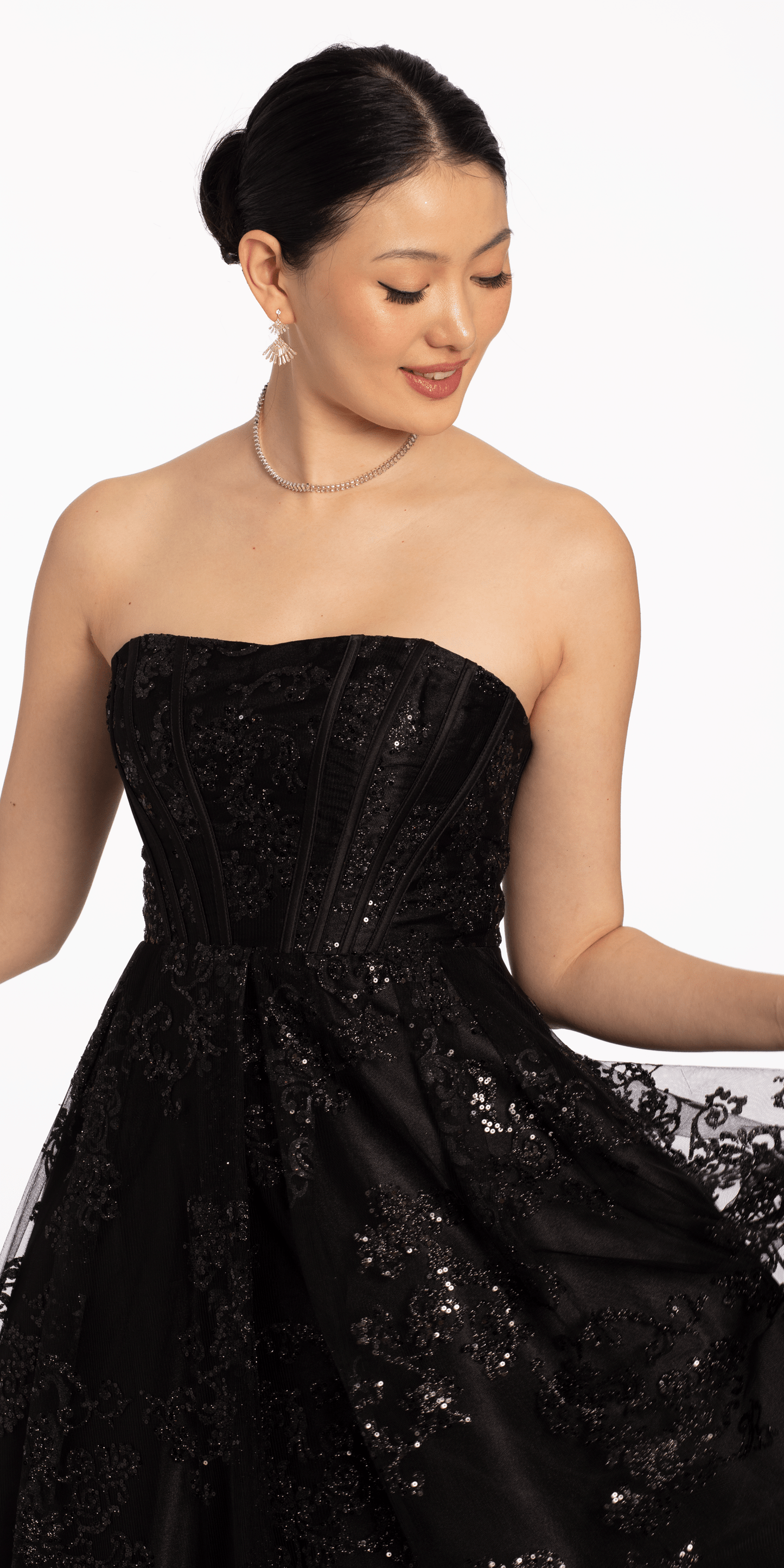 Camille La Vie Strapless Glitter Mesh Corset Ballgown