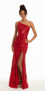 Illusion Rosette Sequin One Shoulder Column Dress with Side Slit Image 1