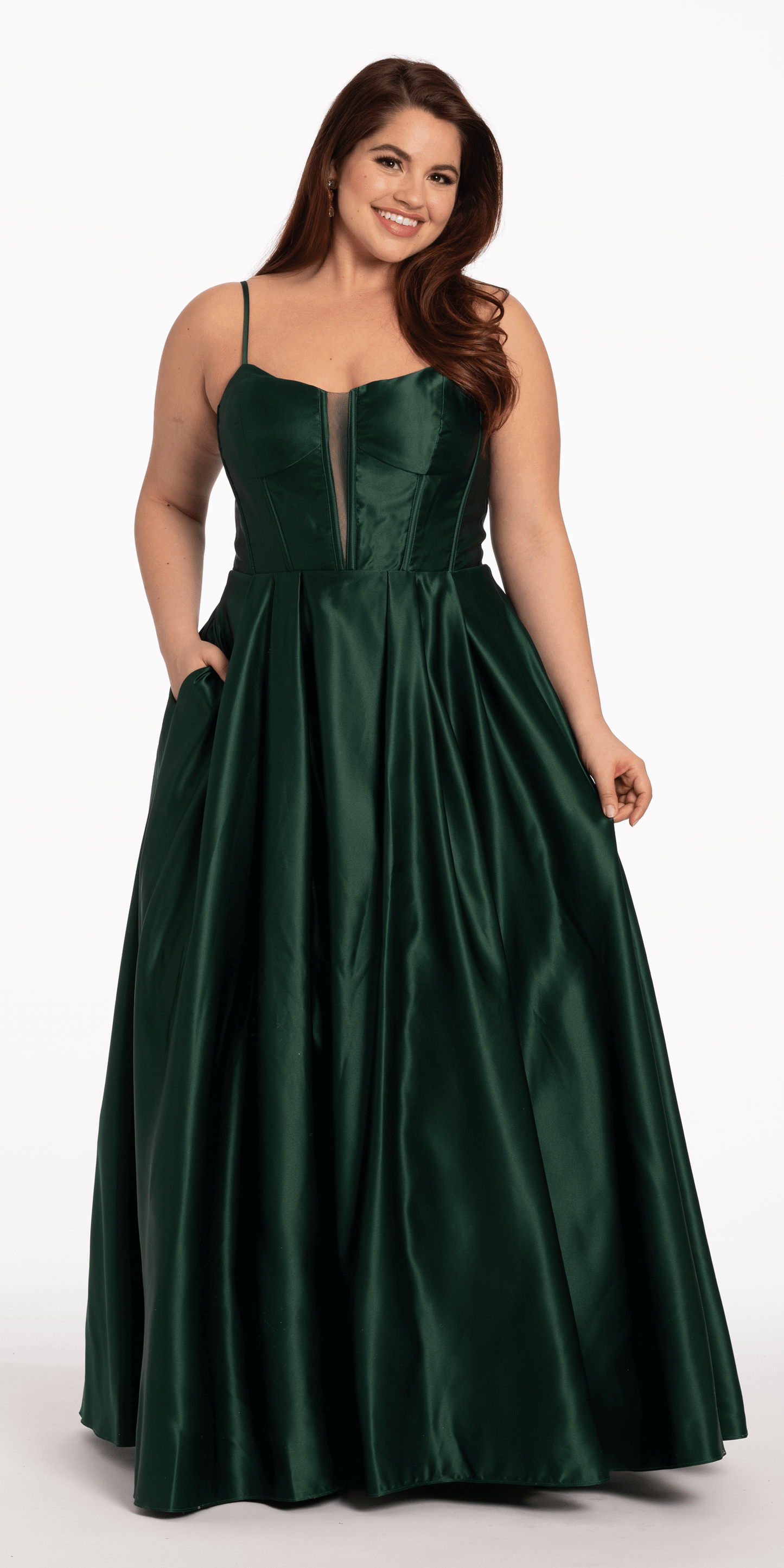 Camille La Vie /Satin Plunging Corset Ballgown /plus /size /14/ hunter green /front