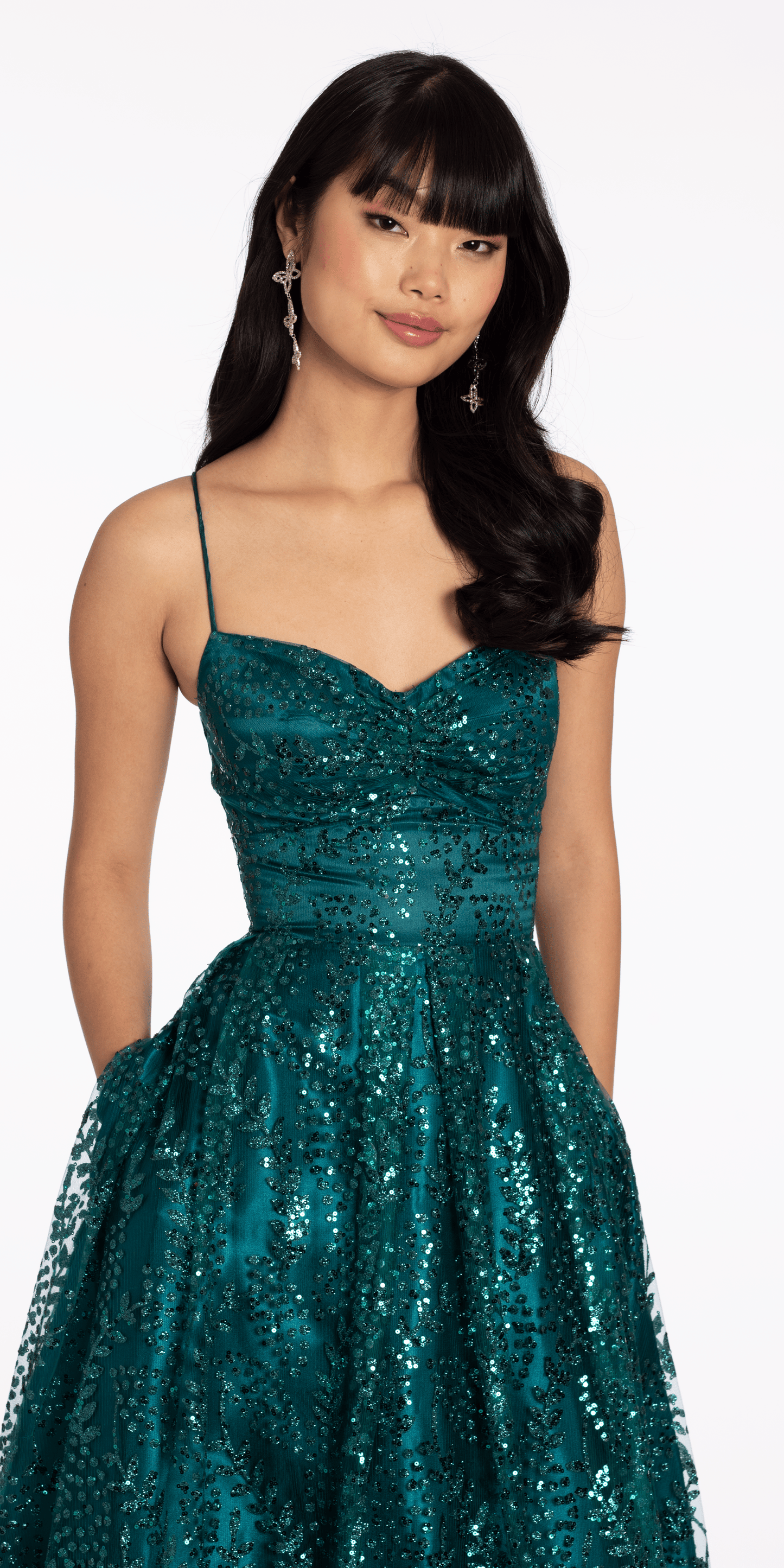 teal/size/4/missy/Camille La Vie/Glitter Mesh Sweetheart Lace Up Back Ballgown/close up 