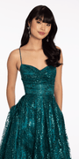 teal/size/4/missy/Camille La Vie/Glitter Mesh Sweetheart Lace Up Back Ballgown/close up 