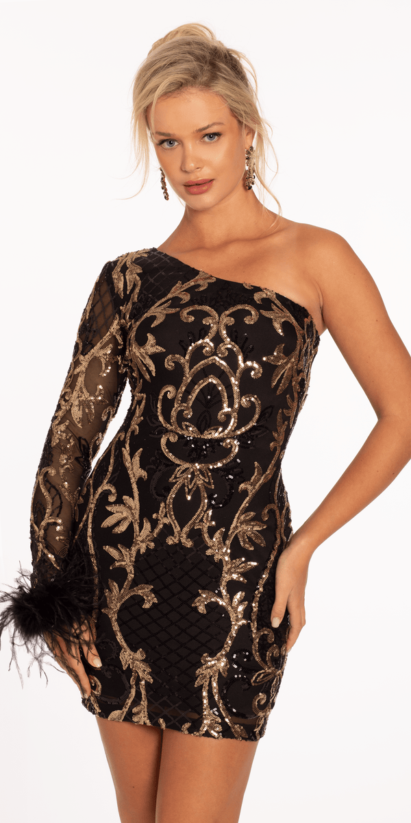 Sequin One Shoulder Long Sleeve Bodycon Dress with Feather Cuff Image 2