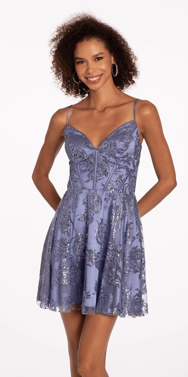 periwinkle/size/4/missy/Camille La Vie/Sweetheart Glitter Mesh Corset Lace Up Back Skater Dress /front alt