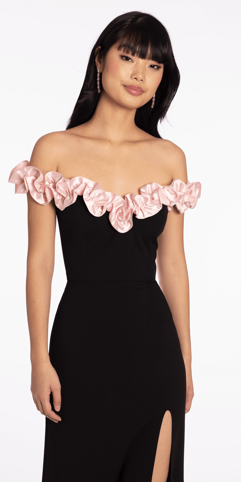 Crepe Off the Shoulder Column Dress with Ruffle Detail