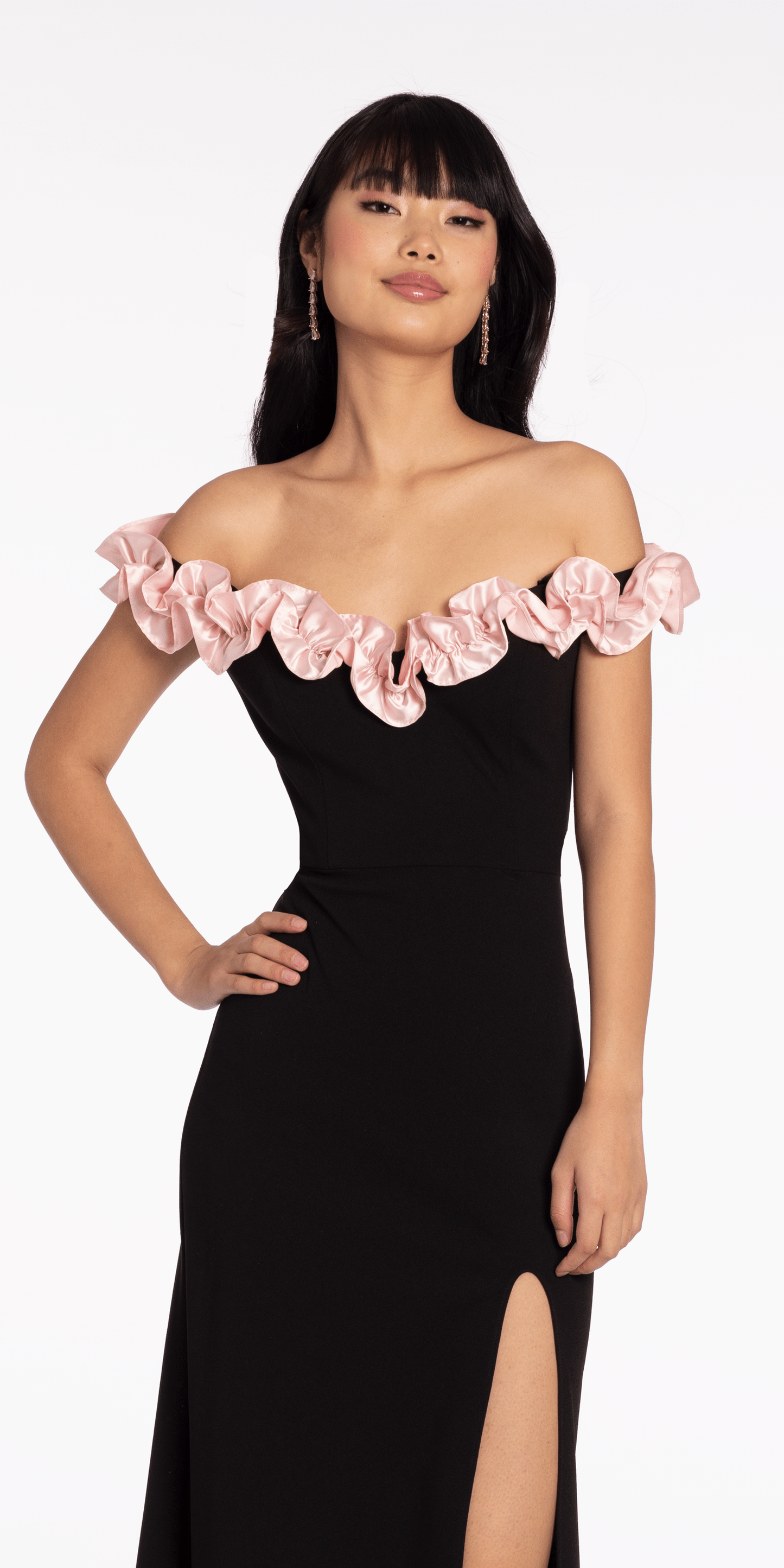 black-pink/size/4/missy/Camille La Vie/Crepe Off the Shoulder Column Dress with Ruffle Detail/close up alt