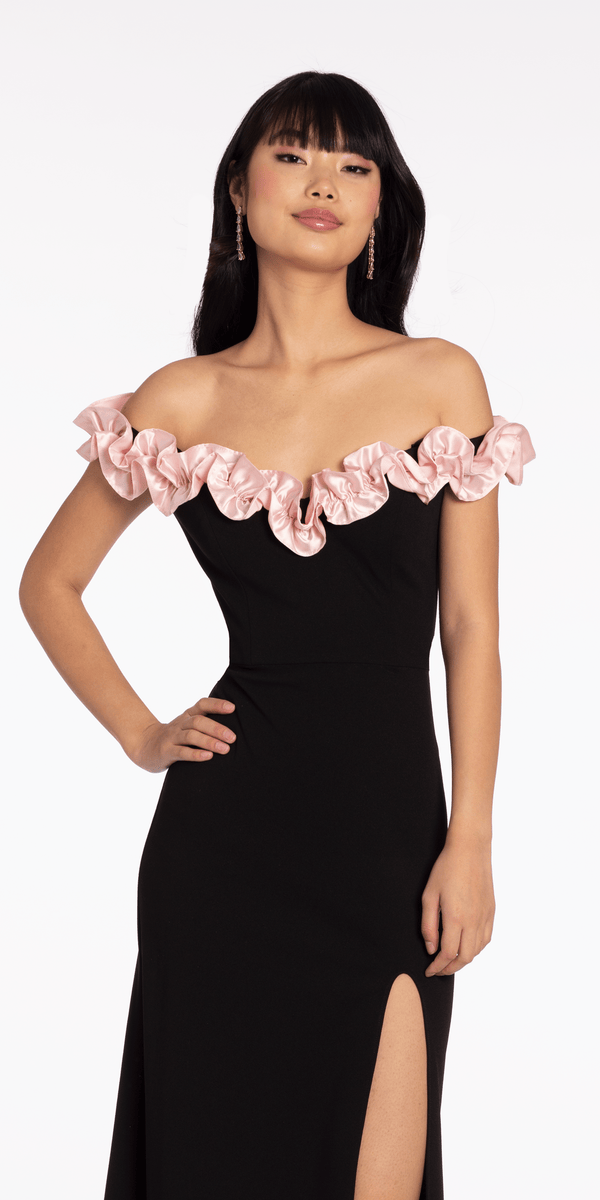 black-pink/size/4/missy/Camille La Vie/Crepe Off the Shoulder Column Dress with Ruffle Detail/close up alt
