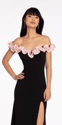 black-pink/size/4/missy/Camille La Vie/Crepe Off the Shoulder Column Dress with Ruffle Detail/close up alt