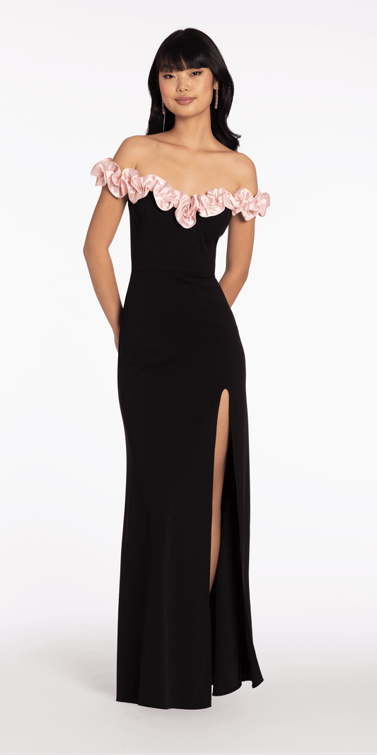 crepe off the shoulder dress Talia Long Scuba Crepe Off the Shoulder Ruffle Dress Black/Pink / 11
