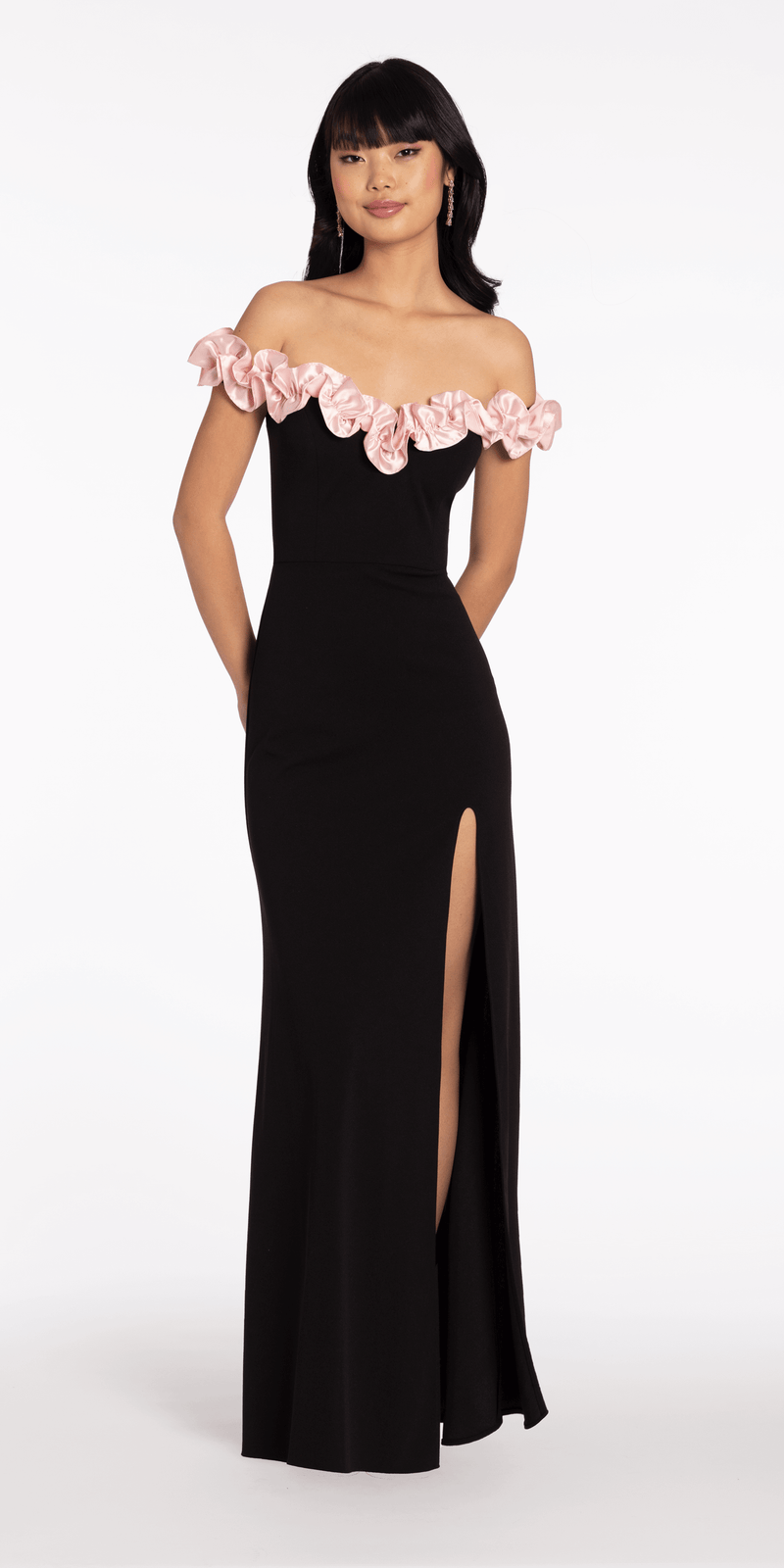 off the shoulder column dress Talia Long Scuba Crepe Off the Shoulder Ruffle Dress Black/Pink / 11