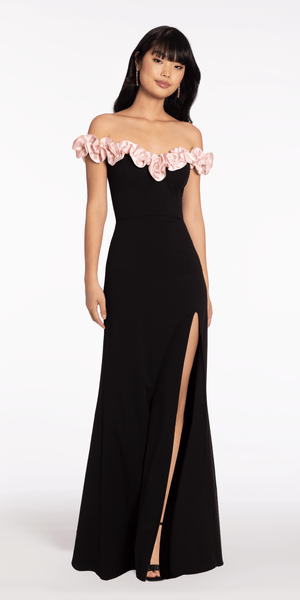 Crepe Off the Shoulder Column Dress with Ruffle Detail Image 2