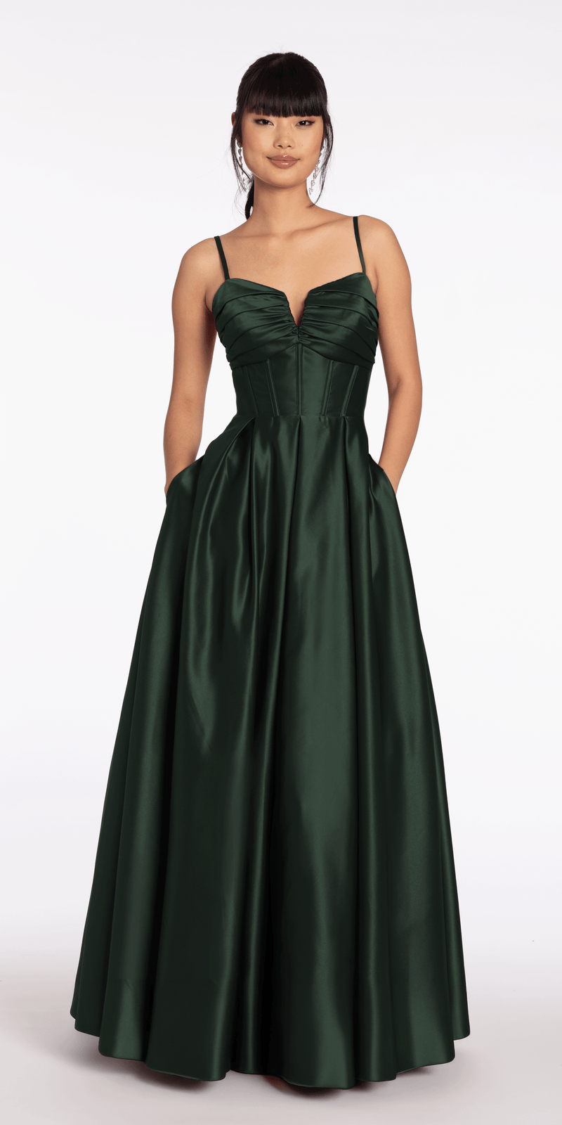hunter-green/size/4/missy/Camille La Vie/Sweetheart Pleated Satin Corset Ballgown with Pockets/front