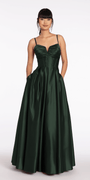 hunter-green/size/4/missy/Camille La Vie/Sweetheart Pleated Satin Corset Ballgown with Pockets/front