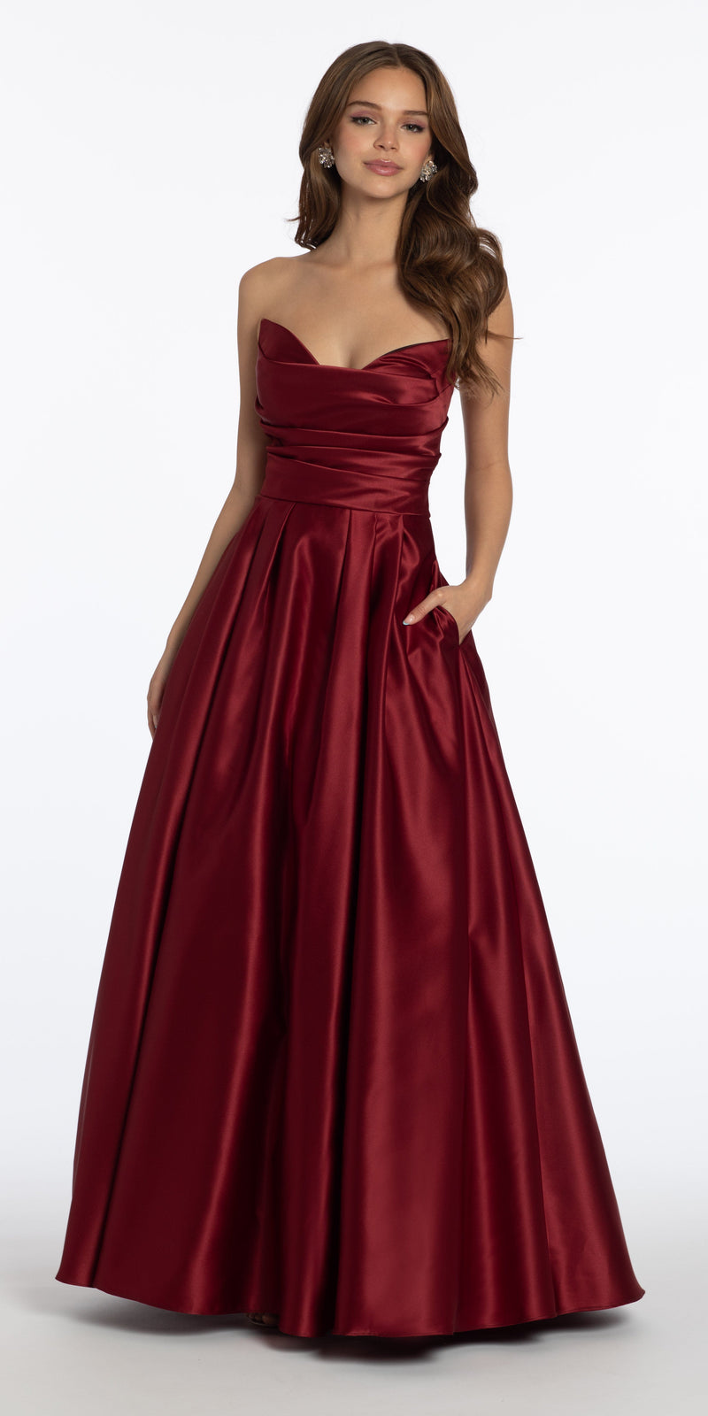 Satin Strapless Ruched Ballgown with Pockets Image 1