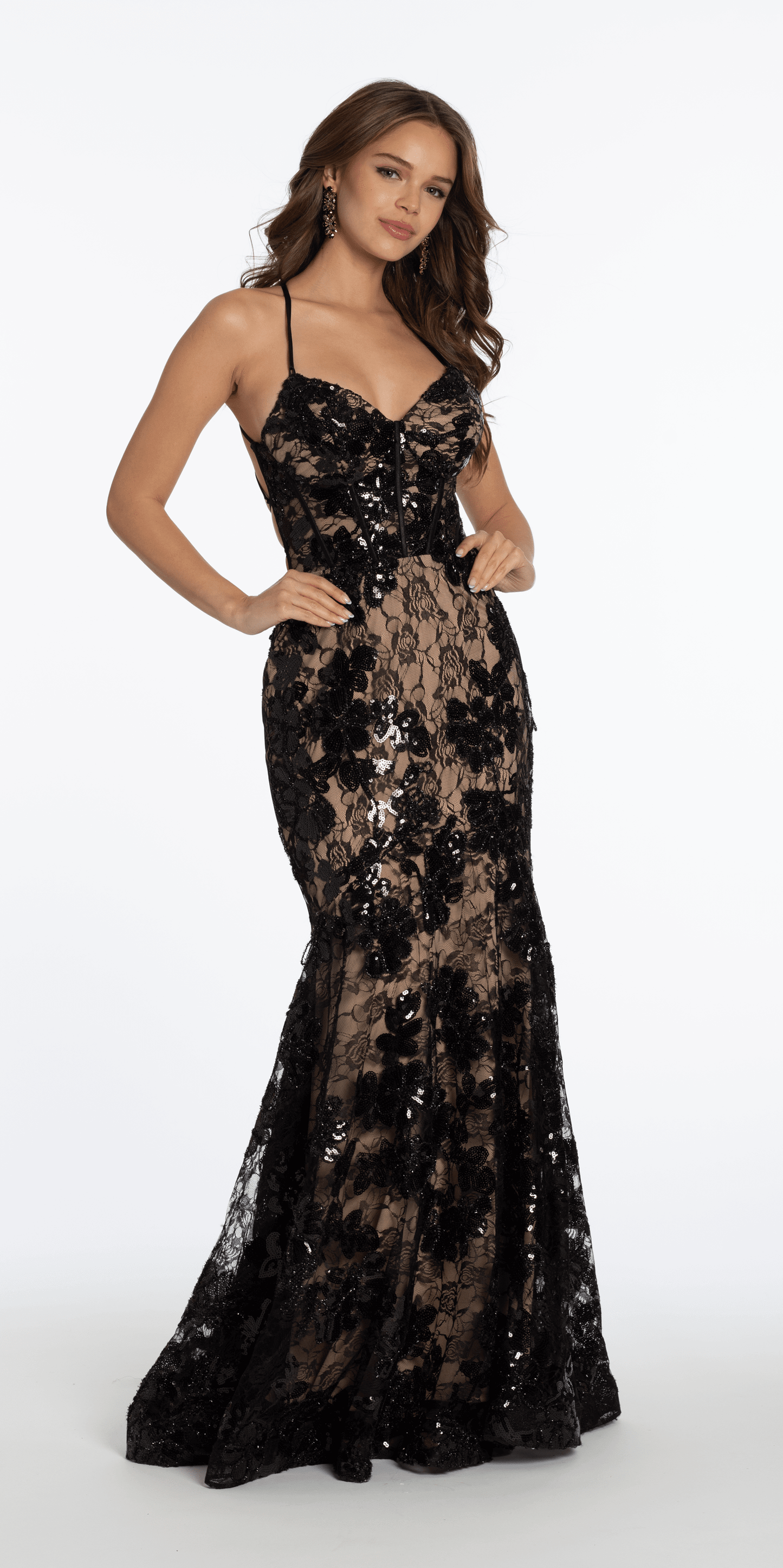Two Tone Sequin Floral Lace Plunging Corset Mermaid Dress junior / 0 / black-nude