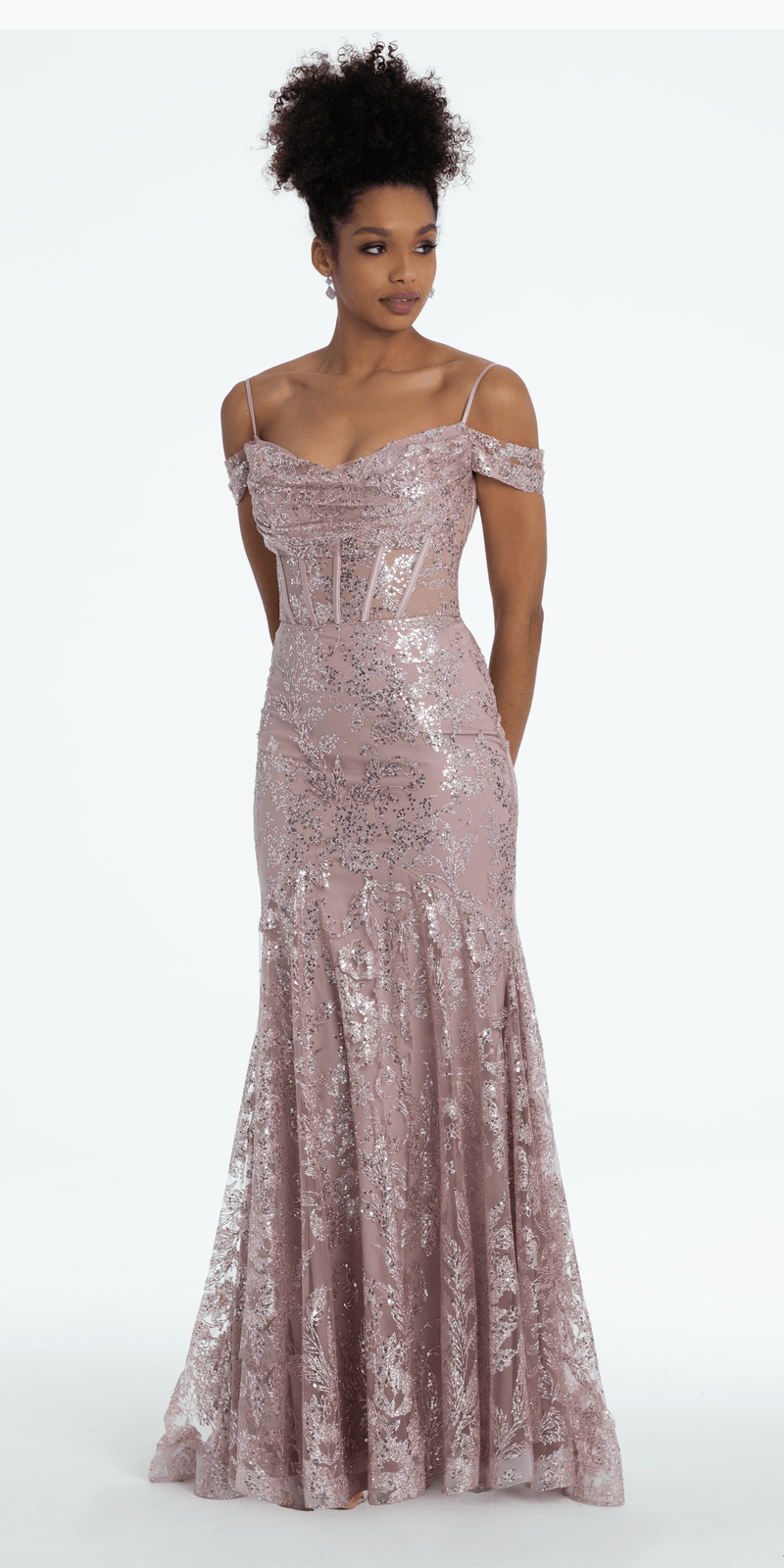 Glitter Drape Off the Shoulder Corset Mermaid Dress Image 4