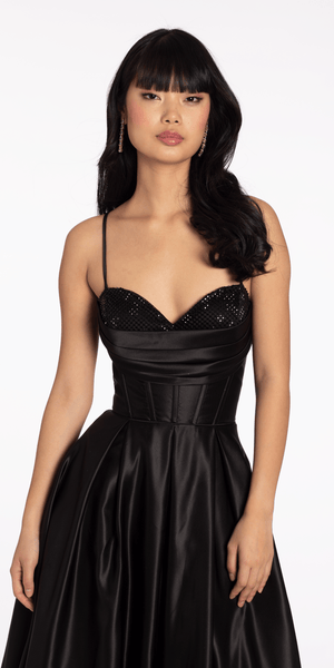 Satin Beaded Drape Corset Ballgown with Side Pockets Image 3
