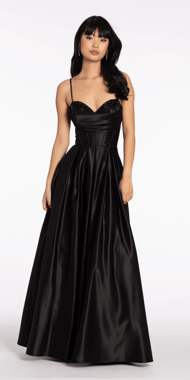 Satin Beaded Drape Corset Ballgown with Side Pockets Camille La Vie Satin Beaded Drape Corset Ballgown with Side Pockets Camille La Vie