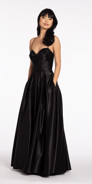 Satin Beaded Drape Corset Ballgown with Side Pockets Image 2
