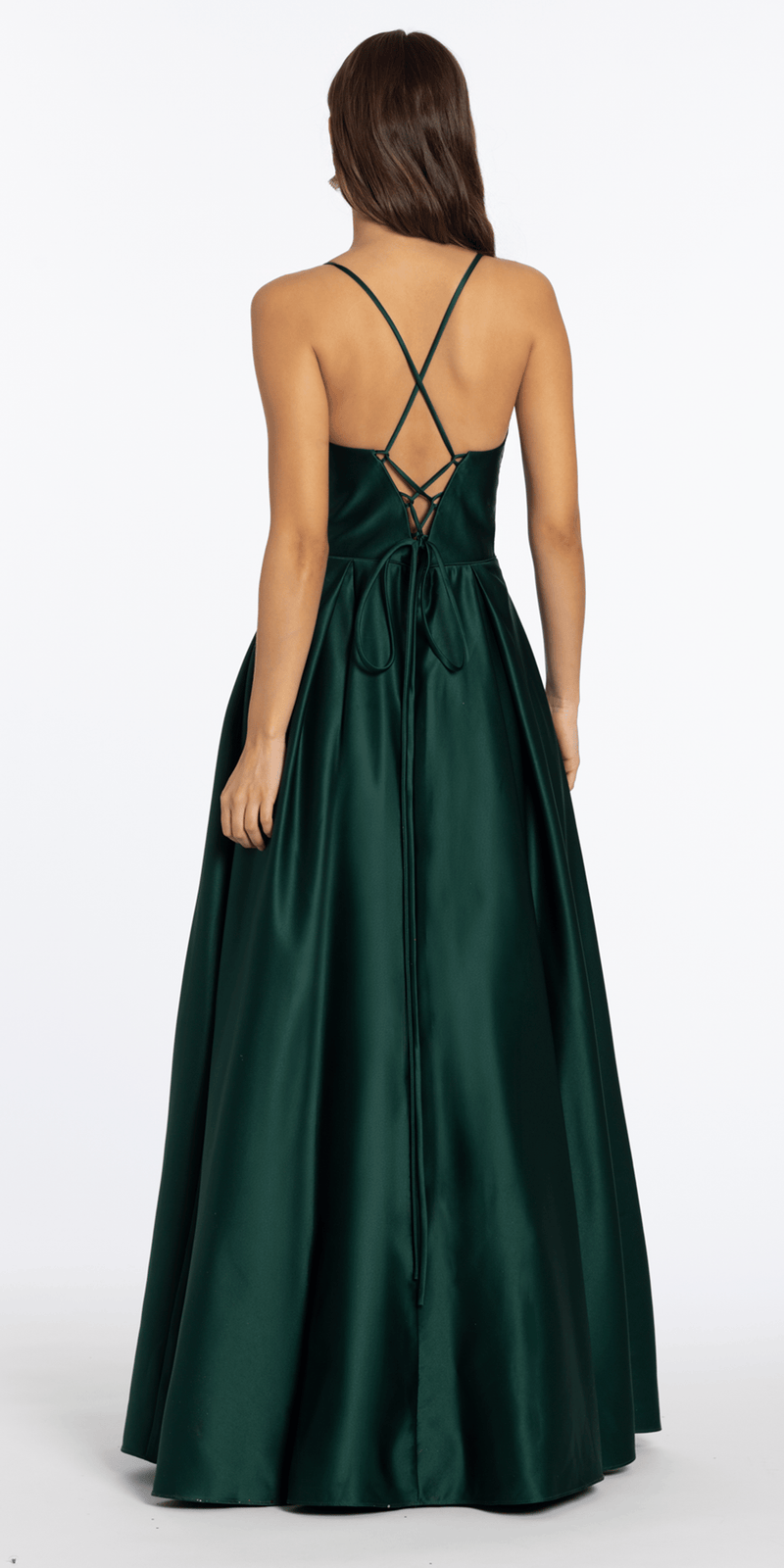 hunter-green/size/4/missy/Camille La Vie/Satin Beaded Drape Corset Ballgown with Side Pockets/back 