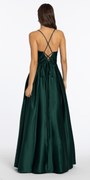 hunter-green/size/4/missy/Camille La Vie/Satin Beaded Drape Corset Ballgown with Side Pockets/back 