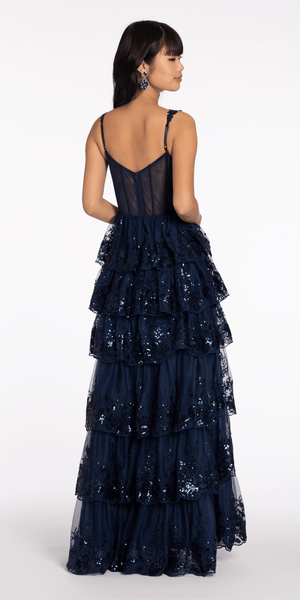 Sequin Embroidered Corset Mesh Tiered Ballgown with Illusion Back Image 4