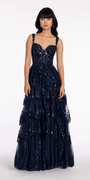 Sequin Embroidered Corset Mesh Tiered Ballgown with Illusion Back Image 1