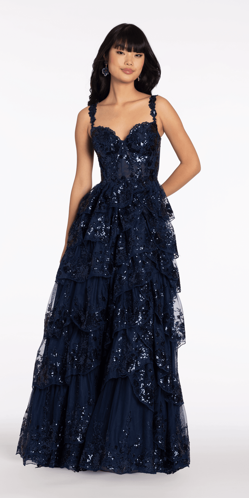 Sequin Embroidered Corset Mesh Tiered Ballgown with Illusion Back Camille La Vie Sequin Embroidered Corset Mesh Tiered Ballgown with Illusion Back Camille La Vie