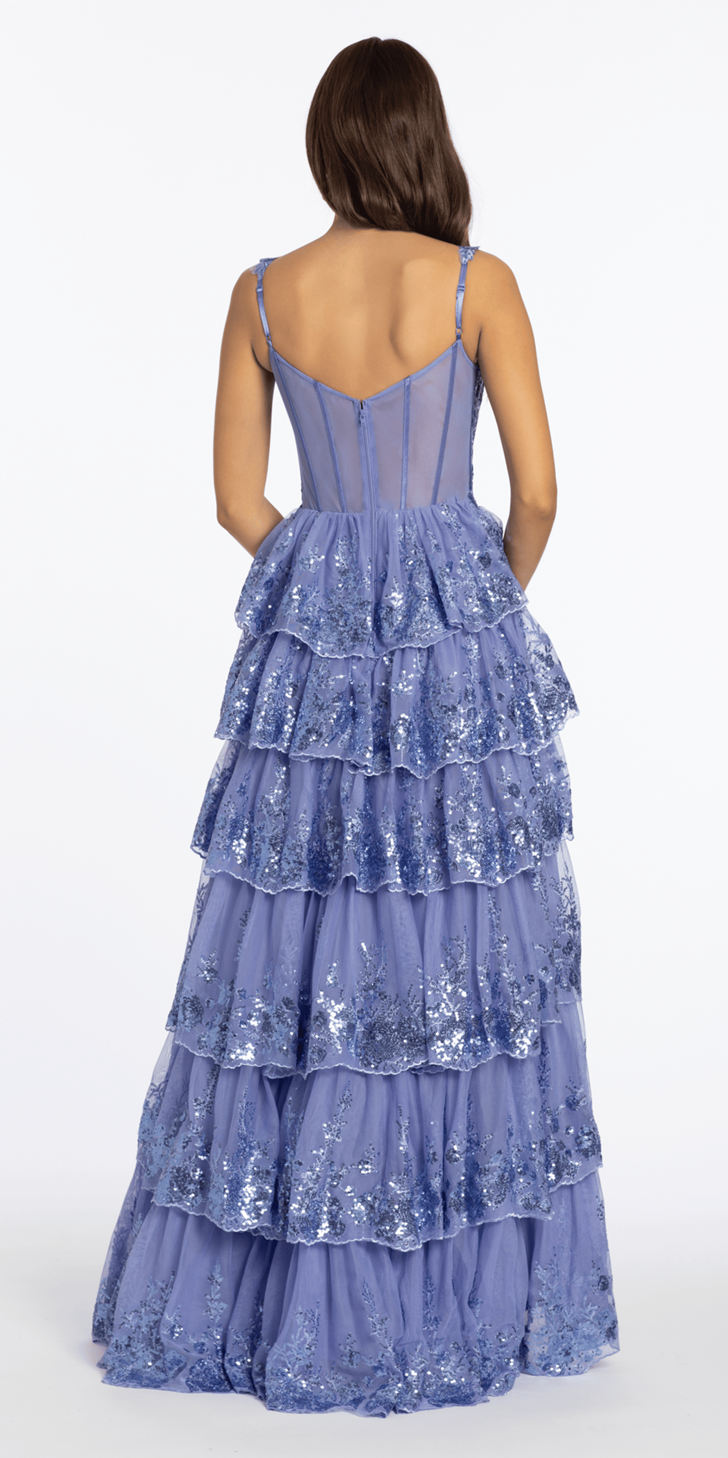 Camille La Vie Sequin Embroidered Corset Mesh Tiered Ballgown with Illusion Back