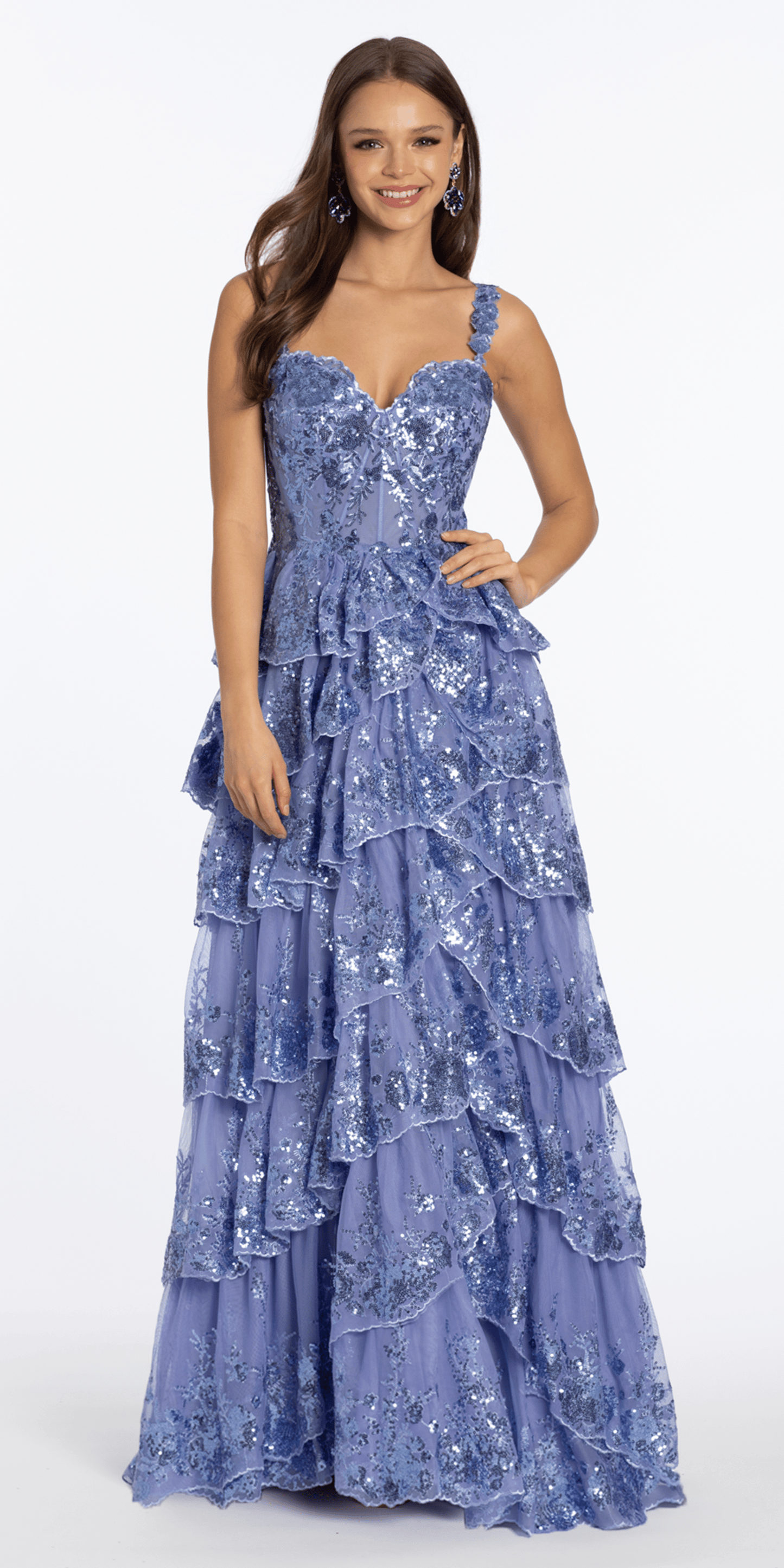 Camille La Vie Sequin Embroidered Corset Mesh Tiered Ballgown with Illusion Back