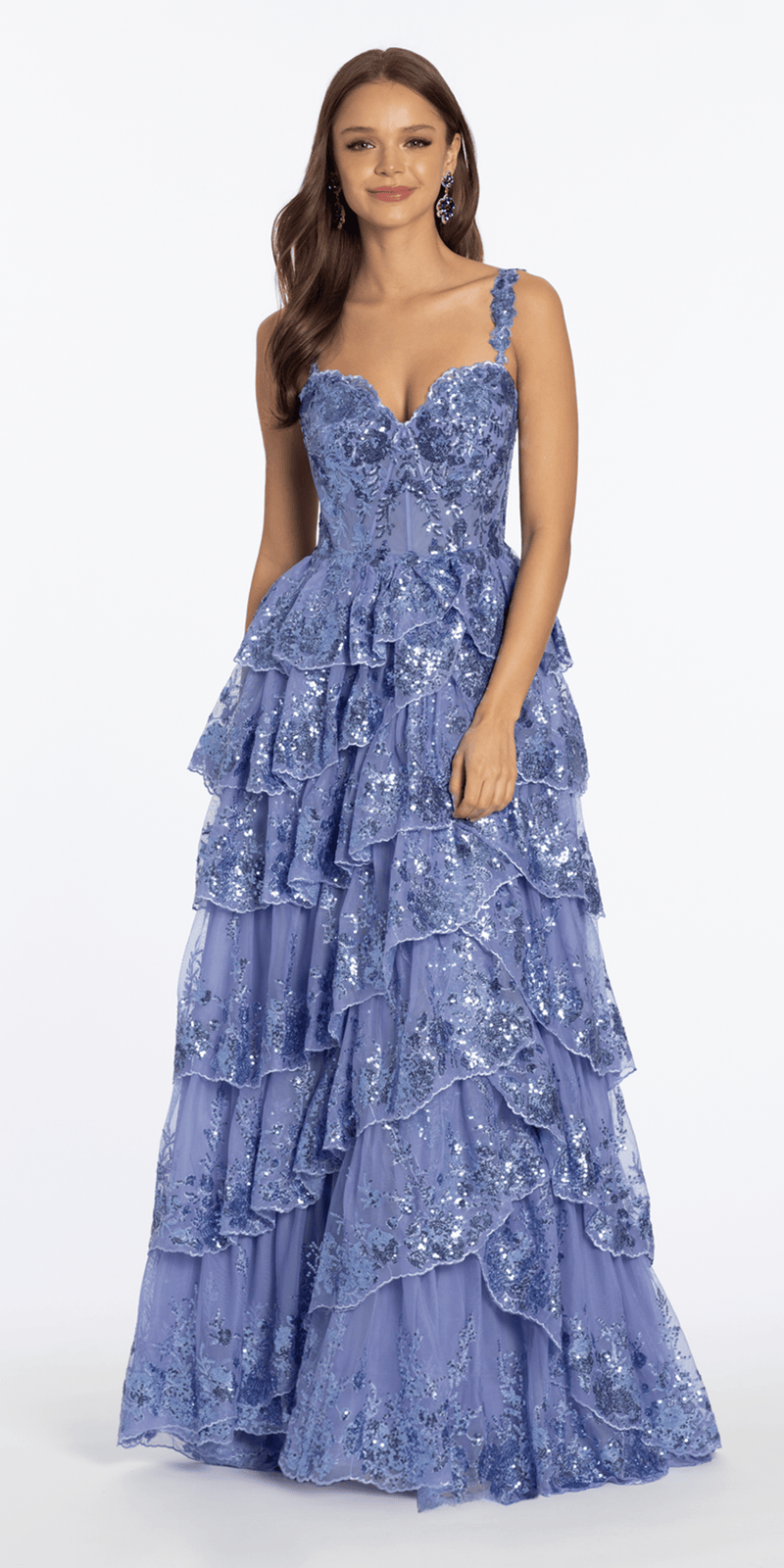 Sequin Embroidered Corset Mesh Tiered Ballgown with Illusion Back Image 3