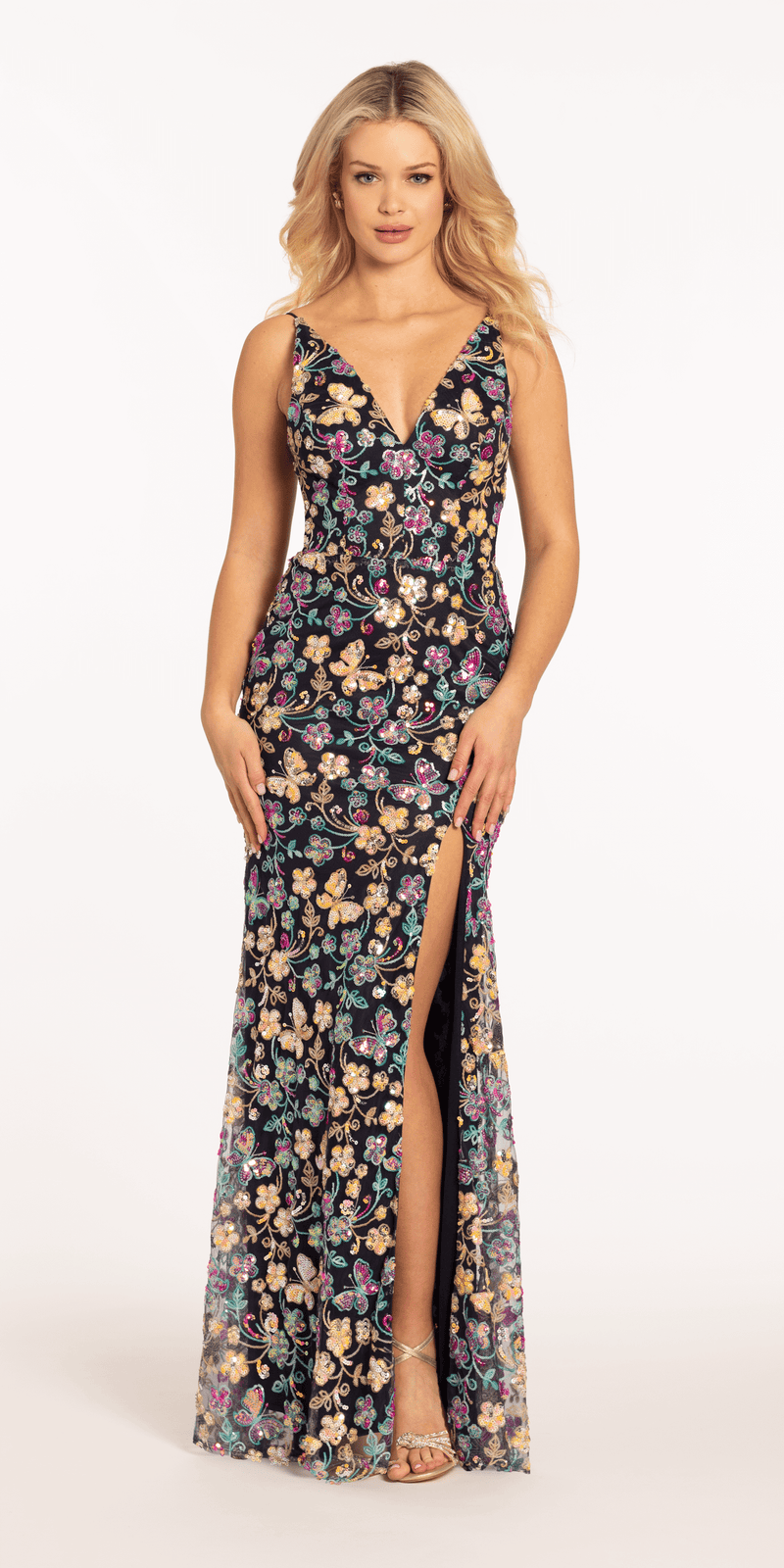 Sequin Floral Garden Plunging Mesh Column Dress Image 1