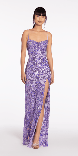 Sequin Mesh Lace Up Column Dress with Side Slit Image 3