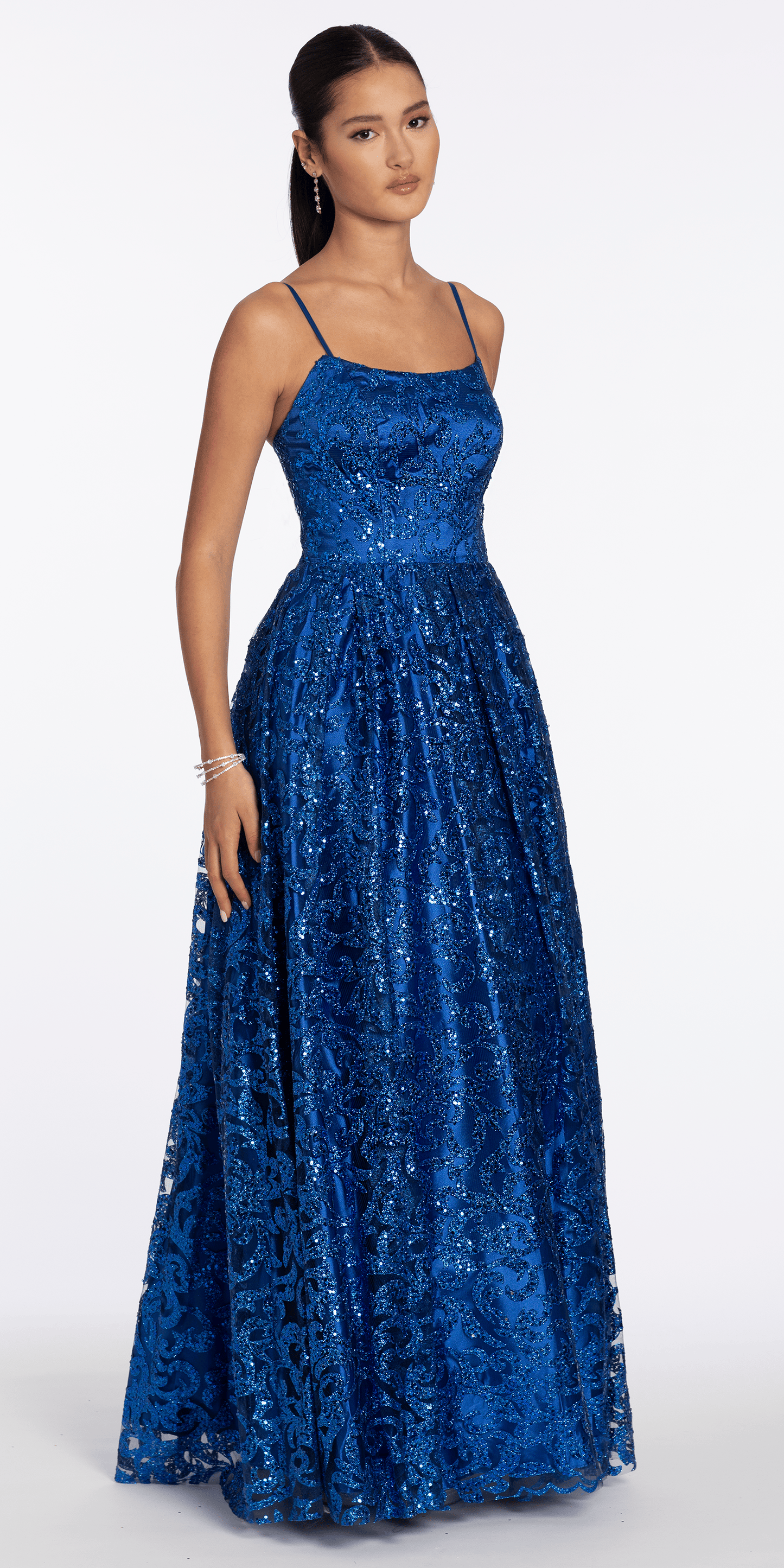 royal-blue/size/4/missy/Camille La Vie/Strappy Back Glitter Mesh Ballgown with Pocket/front