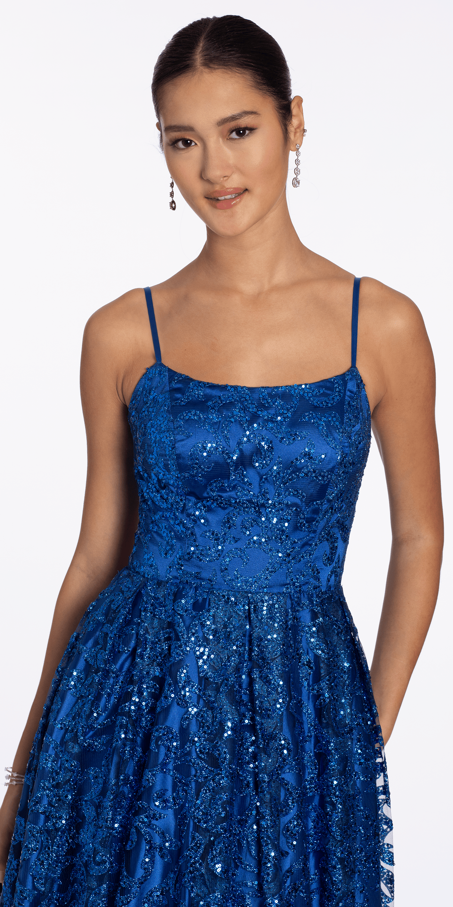 royal-blue/size/4/missy/Camille La Vie/Strappy Back Glitter Mesh Ballgown with Pocket/close up