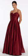 wine/size/4/missy/Camille La Vie/Satin Embroidered Sweetheart Corset Ballgown with Pockets/front