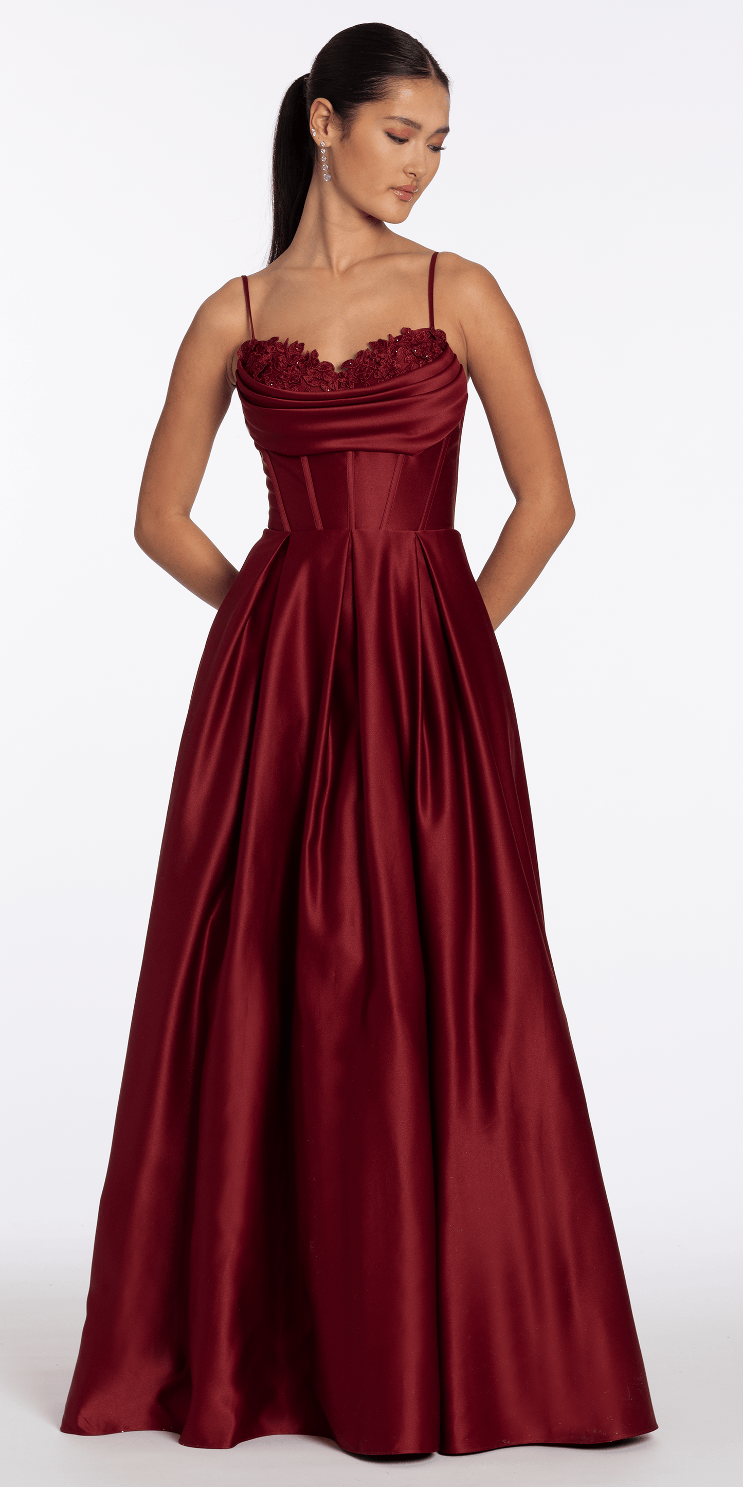 wine/size/4/missy/Camille La Vie/Satin Embroidered Sweetheart Corset Ballgown with Pockets/front alt