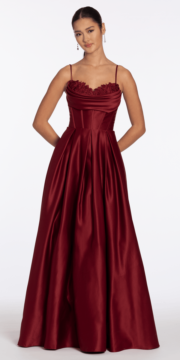 wine/size/4/missy/Camille La Vie/Satin Embroidered Sweetheart Corset Ballgown with Pockets/front alt 2