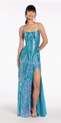 Sequin Keyhole Back Column Dress with Side Slit Image 1