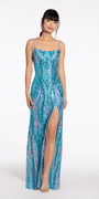 Sequin Keyhole Back Column Dress with Side Slit Image 2