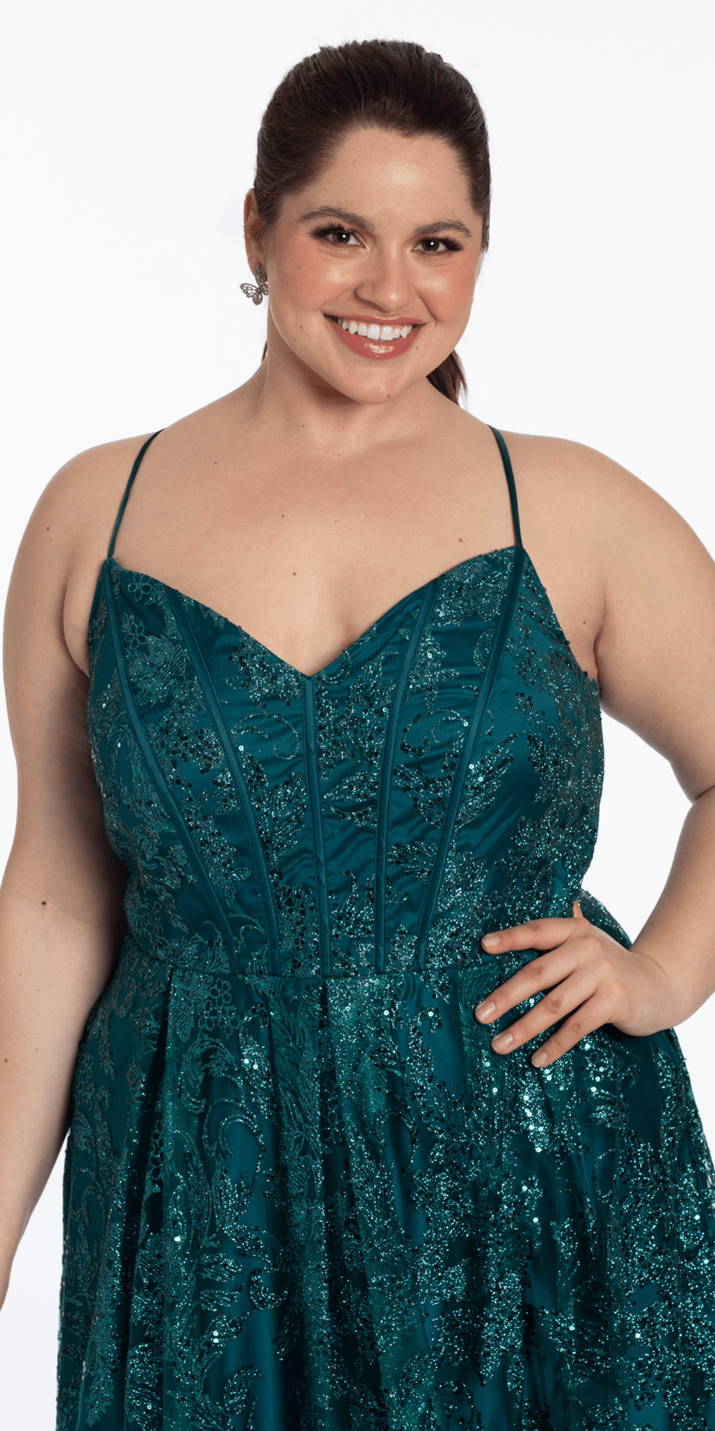 teal/size /14 plus/Camille La Vie /Strappy V Neck Glitter Mesh Ballgown with Pockets/close up