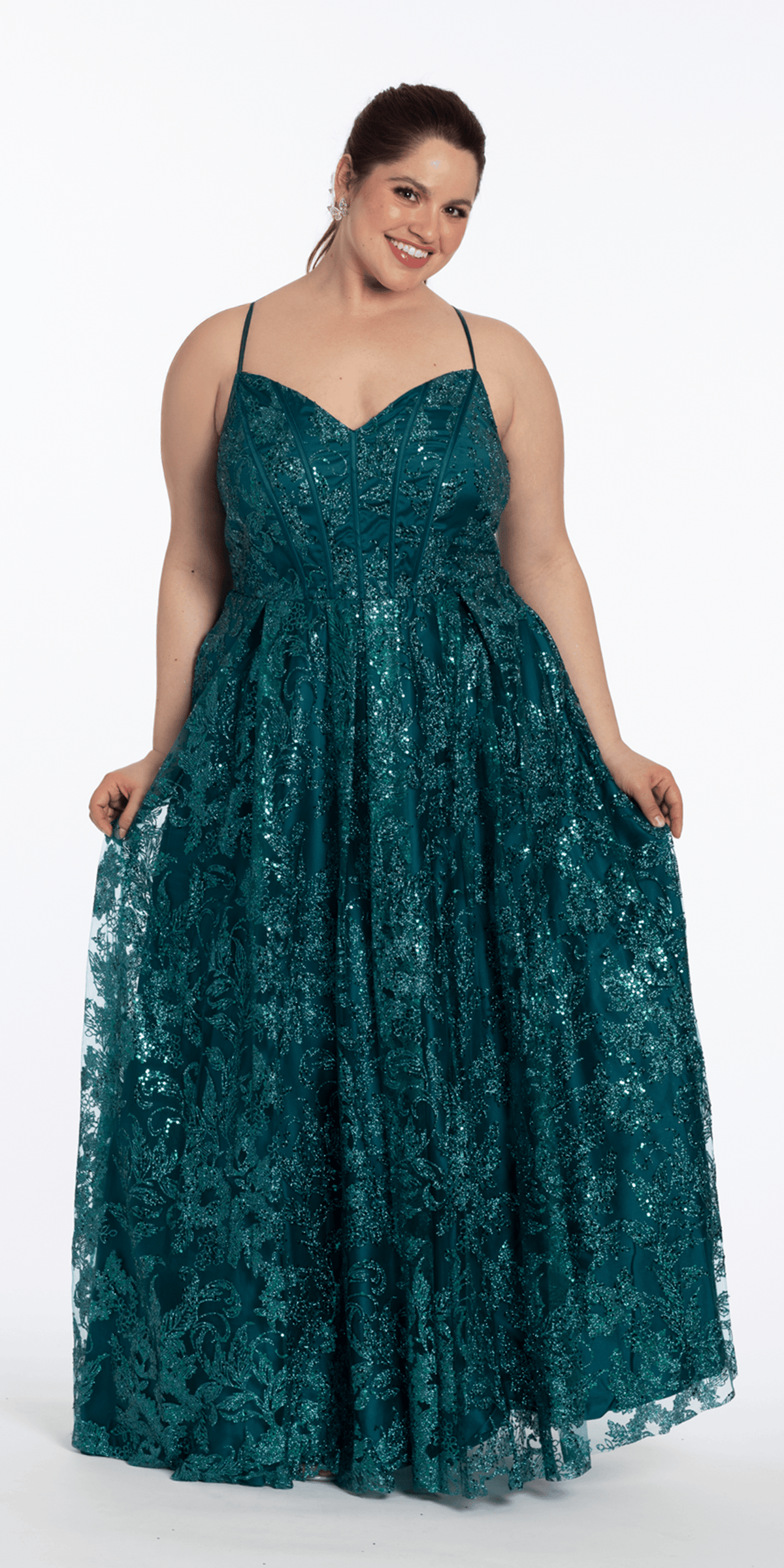 Strappy Back V Neck Glitter Mesh Ballgown with Pockets