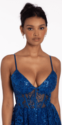 Glitter Mesh Sweetheart Corset Lace Up Back Skater Dress Image 3