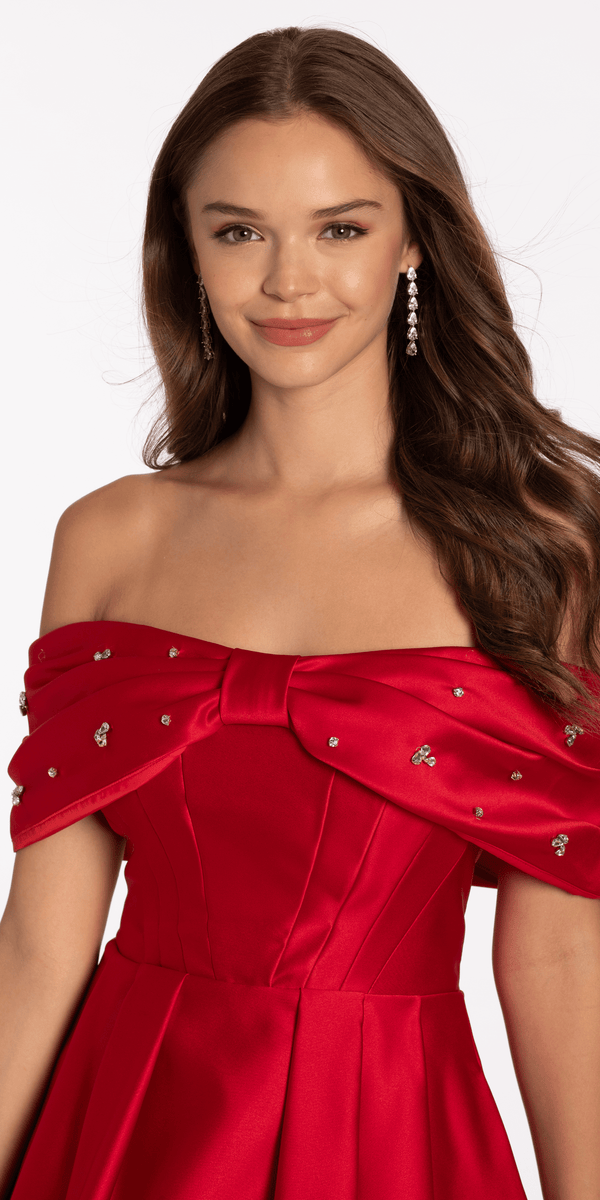 Satin Rhinestone Bow Off the Shoulder Skater Dress Image 3